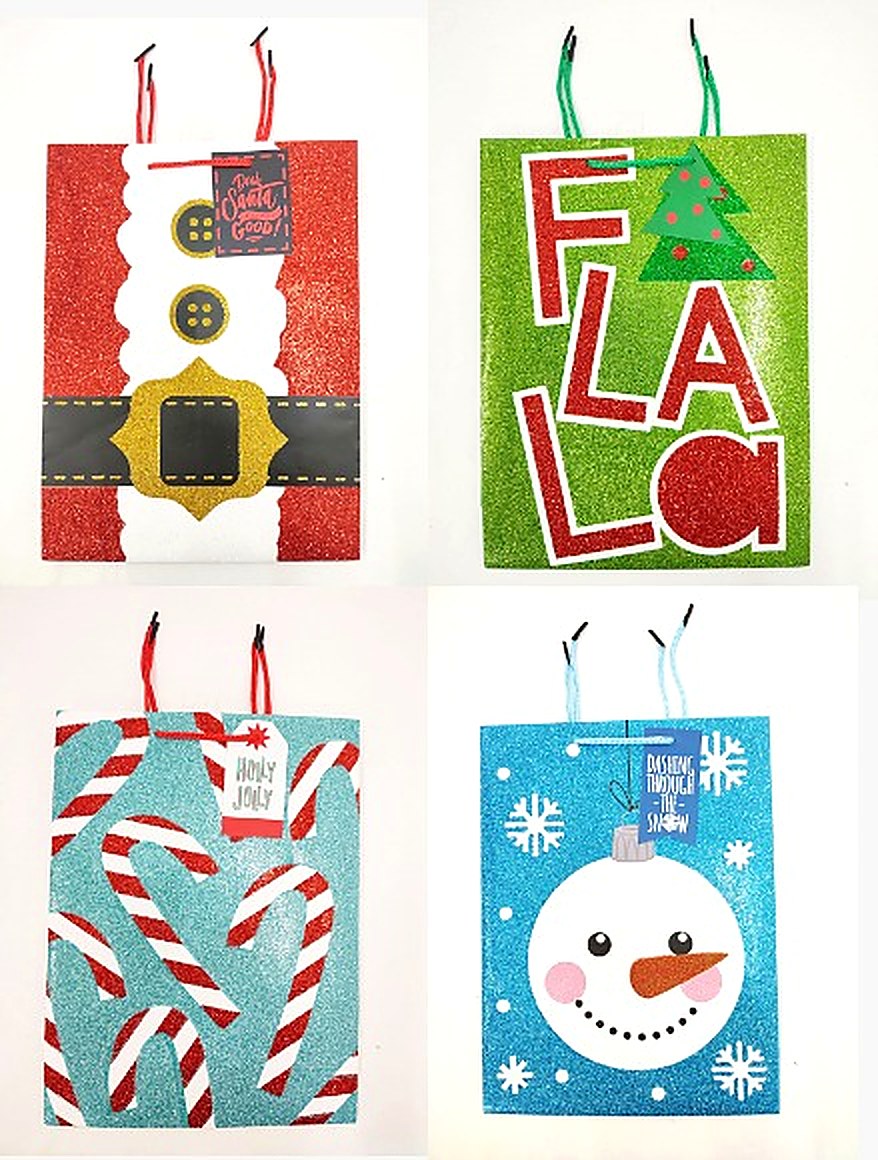 Christmas gift bags featuring Fa La La, Santa belt, candy cane and snowman designs