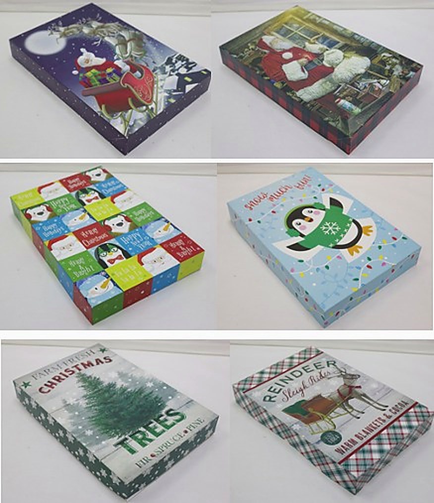 Six Christmas-themed gift box designs including Santa, reindeer, penguin and tree motifs