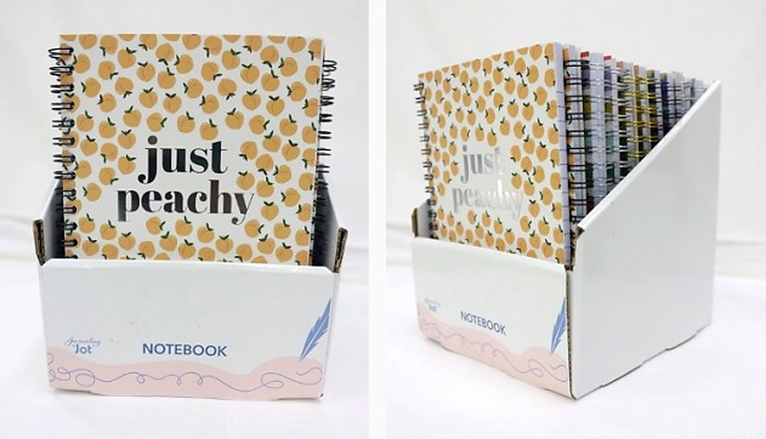Just Peachy spiral notebooks in a PDQ retail display