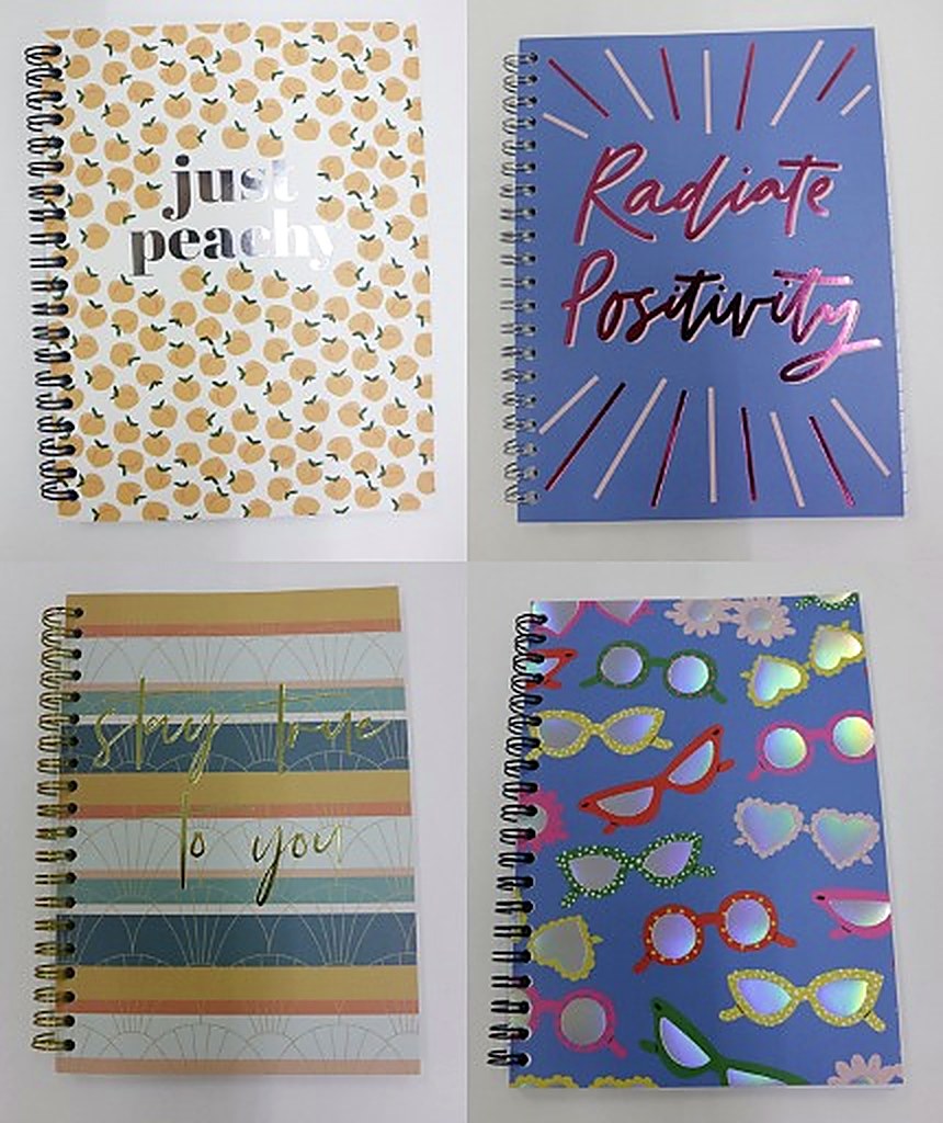 Four spiral notebook designs including Just Peachy, Radiate Positivity, striped and sunglasses patterns