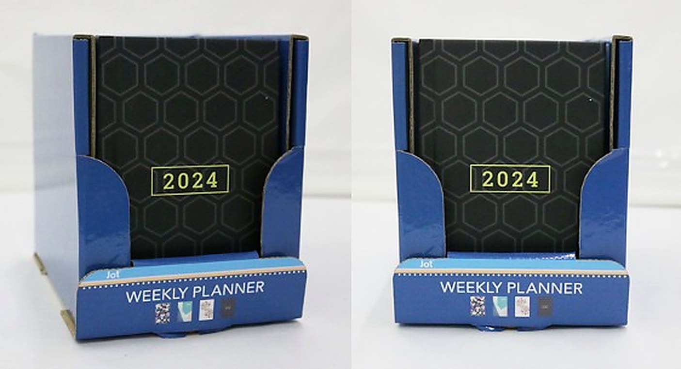 2024 Weekly Planner with blue honeycomb cover in a PDQ display tray