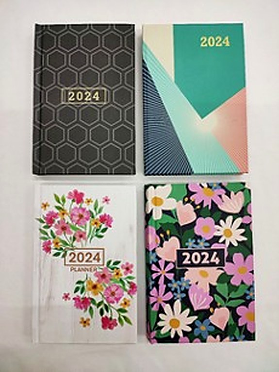 Four 2024 planner cover designs including geometric, floral and hex patterns